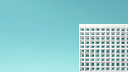 White building facade with many windows against a bright blue sky architecture