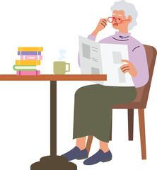 Elderly woman reading newspaper