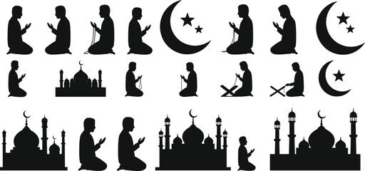 Islamic silhouette illustration set, prayer posture and mosque vector, crescent moon icon design, religious practice graphics, faith symbol collection