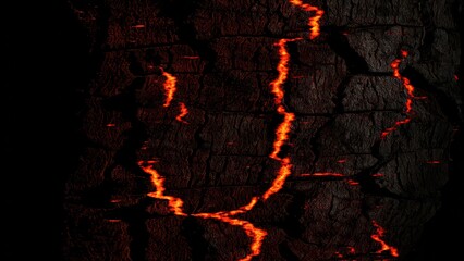 Close-up of glowing red cracks on charred dark wood texture abstract background