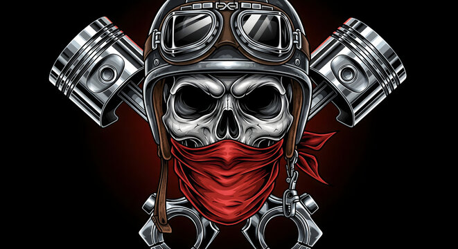 Striking graphic illustration of a skull wearing a retro helmet, goggles, and a red bandana, flanked by industrial engine pistons, embodying powerful strength and mechanical artistry