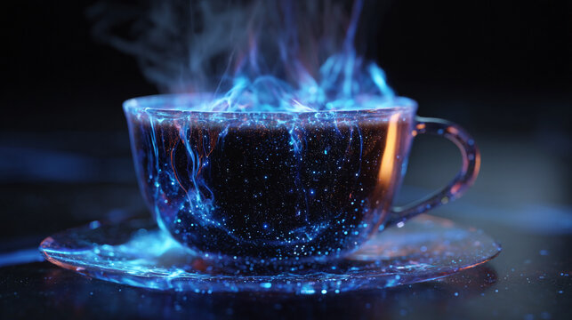 Hot coffee in a transparent cup with blue magical steam and sparkles