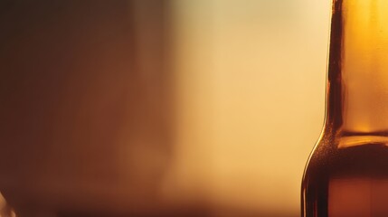 A close-up of a glass bottle with condensation, illuminated by soft, warm light, a refreshing drink experience, blurred brown background