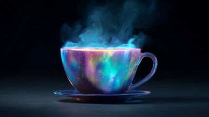 A magical galaxypatterned teacup steaming with blue ethereal smoke