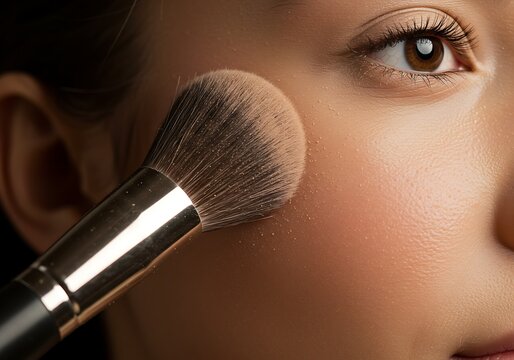 Applying makeup close up of a brush touching skin on a womans face