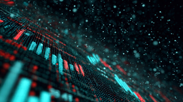Abstract digital data stream with glowing particles and financial graph - Powered by Adobe