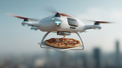Drone delivering a hot pizza in the sky over a city