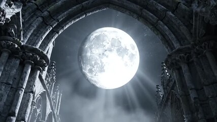 Ornate stone archway frames a bright full moon in the cloudy night sky - Powered by Adobe