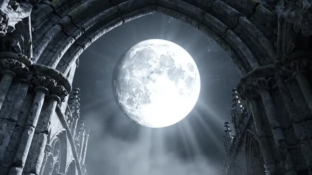 Ornate stone archway frames a bright full moon in the cloudy night sky