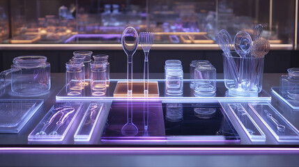 Modern kitchenware display with futuristic lighting and glass containers