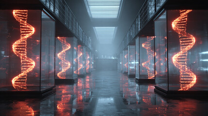 Futuristic laboratory with glowing dna helixes in glass containers