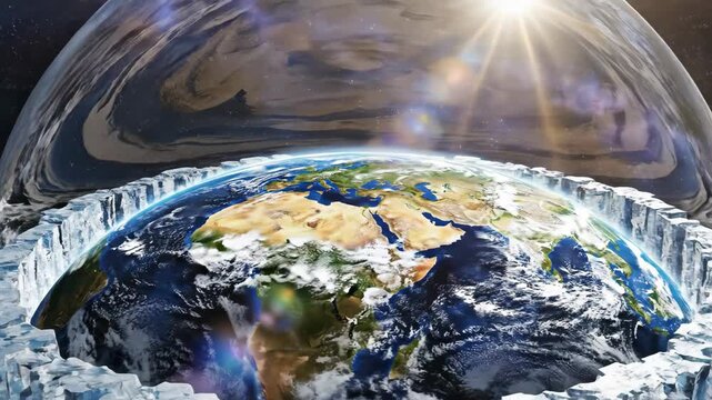 Dramatic flat Earth model with a prominent ice wall around its perimeter, enclosed by a protective transparent dome against a starry space background.