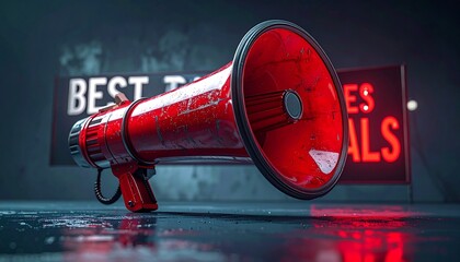 Giant Red Megaphone Announcing Best Deals and Sales with Dramatic Lighting