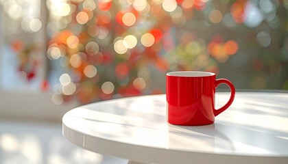 Cozy Red Coffee Mug on White Table with Blurred Autumn Bokeh Lights Relaxing Morning Beverage