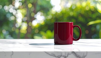 Cozy Red Coffee Mug on Marble Table Outdoors with Bokeh Greenery Background