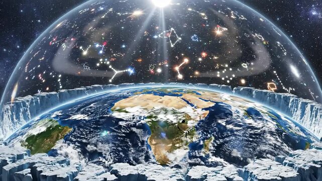Intricate flat Earth concept featuring a disc with detailed structures and an ice perimeter, enclosed by a starry dome with a bright sun overhead.