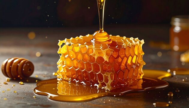 Close-up of golden honey pouring onto a honeycomb, with a wooden dipper and jar in the background