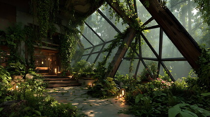 Post-apocalyptic greenhouse built inside a ruined skyscraper, vines and fog, warm golden backlight, high-detail concept art.