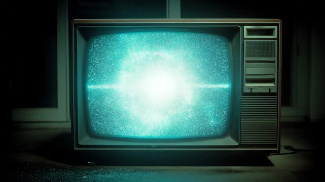In a dark area, the CRT television screen begins to show growing turquoise static and turquoise noise. - Powered by Adobe