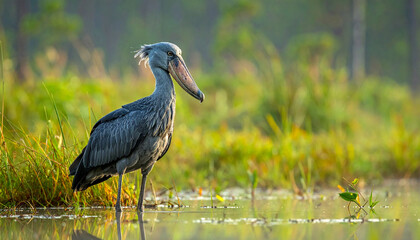 Shoebill Stork Standing in Shallow Water Surrounded by Lush Greenery
