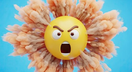 Exploding Angry Emoji Face Symbol With Orange Smoke Cloud Background