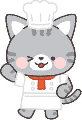 片手を挙げてウインクするサバトラネコのシェフ