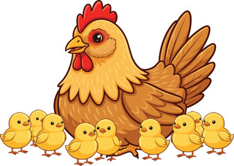 Cute mother hen with adorable yellow chicks, happy cartoon chicken family illustration symbolizing love, care, motherhood, and farm animal life.