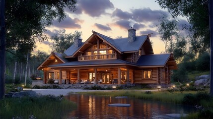 Obraz premium Stunning log cabin with warm lighting reflecting on the water at dusk