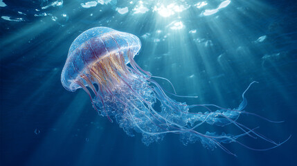A beautiful jellyfish drifts through the deep blue ocean water