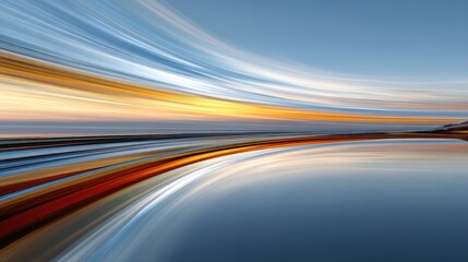 A flowing, abstract composition featuring streaks of light against a gradient blue sky
