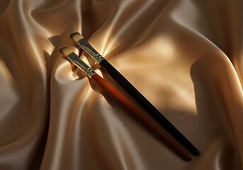 Makeup brushes rest on draped fabric highlighting beauty and artistic tools