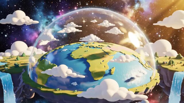 Low poly style rendering of a flat Earth surrounded by fluffy clouds, set against a vibrant cosmic background with stars and nebulae.
