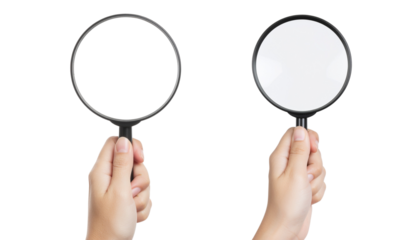 Set of two hands holding magnifying glasses, loupe or lens, isolated PNG with transparent background, ideal for research, investigation, detective, and creative compositing