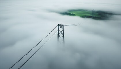 An aerial view of a bridge tower emerging from a sea of dense fog, with a green patch of land visible.