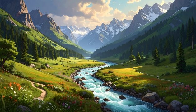 A serene valley with a winding river leading to snow-capped mountains under a sunlit sky. Lush green fields and forests frame the water