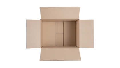 Direct overhead view of an open cardboard box isolated on transparent background, PNG cutout for packaging, shipping, moving, storage, and product display