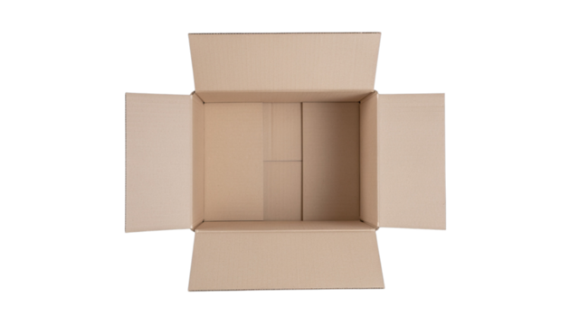 Direct overhead view of an open cardboard box isolated on transparent background, PNG cutout for packaging, shipping, moving, storage, and product display
