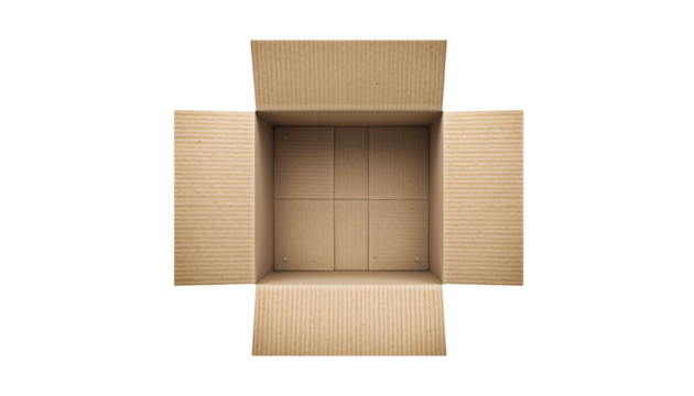 Direct overhead view of an open cardboard box isolated on transparent background, PNG cutout for packaging, shipping, moving, storage, and product display - Powered by Adobe