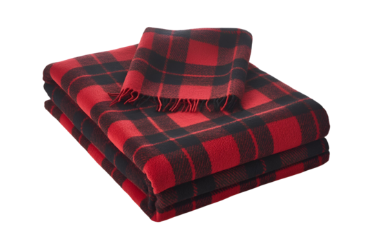 Stack of Folded Red and Black Buffalo Plaid Flannel Blankets Isolated on Transparent Background