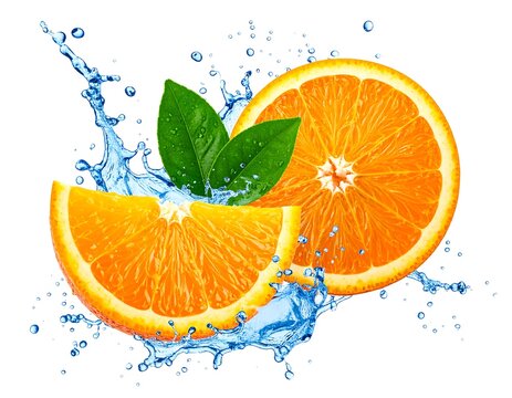 Sliced oranges with water splash and green leaves on white background - Powered by Adobe