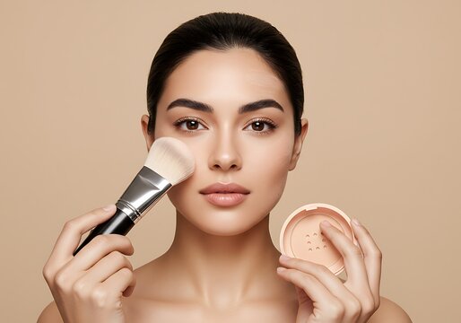 Woman applying powder with brush against neutral background