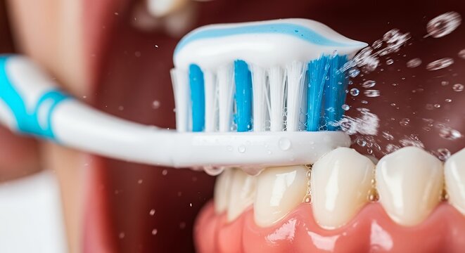 Close-up of a Toothbrush with Toothpaste and Water Splashing While Brushing Healthy White Teeth - Powered by Adobe
