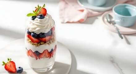 Layered yogurt parfait with berries, granola, and whipped cream on white surface