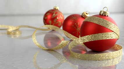 Naklejka premium Red Baubles with Gold Ribbons Christmas Banner