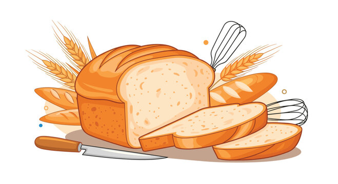 Freshly baked artisanal bread loaves and slices with wheat stalks and a knife.