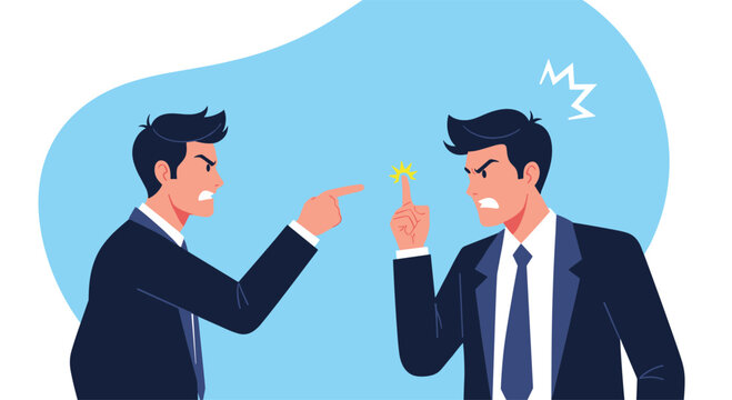 Two men in suits arguing intensely over a disagreement during a business meeting.