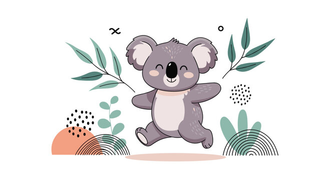 A joyful koala bear dancing happily among eucalyptus leaves and abstract shapes.