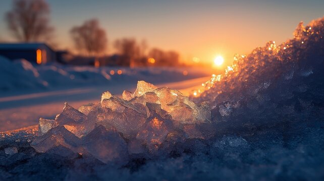 On snowy terrain, a glittering pile of transparent ice crystals reflects a warm morning glow.