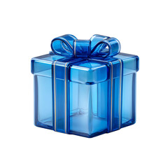 Transparent blue glass gift box with ribbon and bow on black background