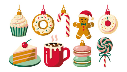 Festive Treats: An array of Christmas-themed sweets and desserts, offering a visual feast of festive cheer. Featuring a gingerbread man, cupcakes, donut, macarons, candy, hot chocolate, and cake.